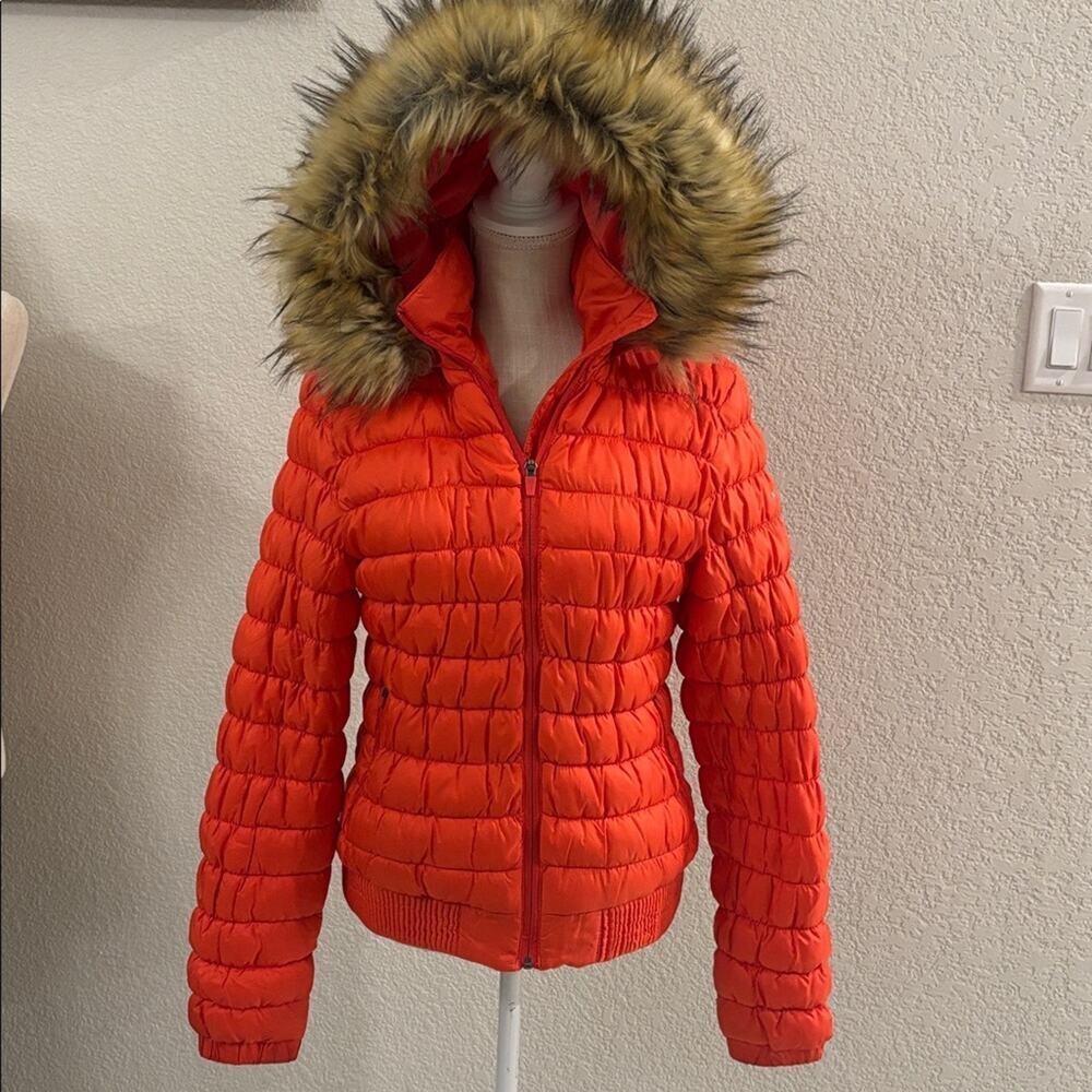 Merrell Cayenne Red Puffer Faux Fur Jacket Coat Y2K Vintage Inspired Size Medium